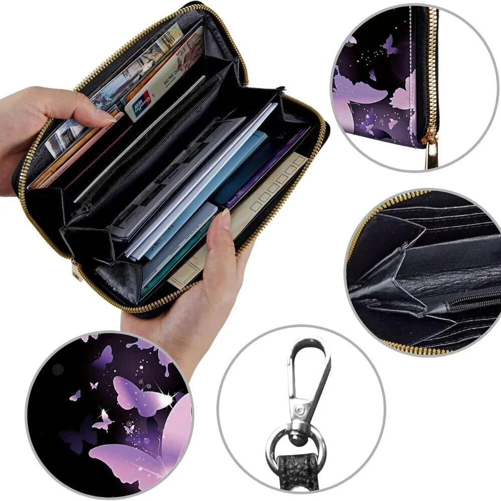 Leather Women's Wallet with Wristlet Large Capacity Card Phone Purse Purple
